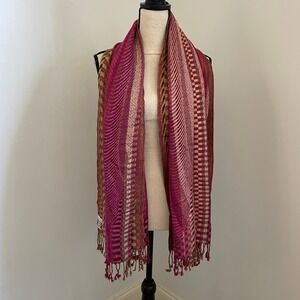 Pink Gold Striped Pashmina Scarf One Size Wrap Fringe Boho Chic Shawl Artsy